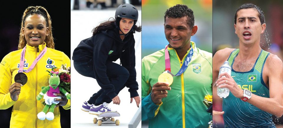 Rebeca Andrade, da Ginástica, uma das estrelas brasileiras dos Jogos de Paris 2024; Rayssa Leal, a “fadinha”do skate tem boas chances de abiscoitar medalhas em Paris; Isaquias Queiroz, da canoagem, pode se tornar recordista de medalhas olímpicas entre os atletas brasileiros; Caio Bonfim, da marcha atlética, disputa sua quarta olimpíada e tenta sua primeira medalha nesta modalidade (Fotos: Rafael Bello/COB)