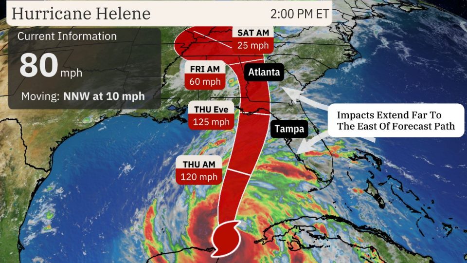O pico do furacão Helene está previsto para esta quinta-feira quando deverá atingir a costa do Golfo na Flórida (Foto: NOAA)
