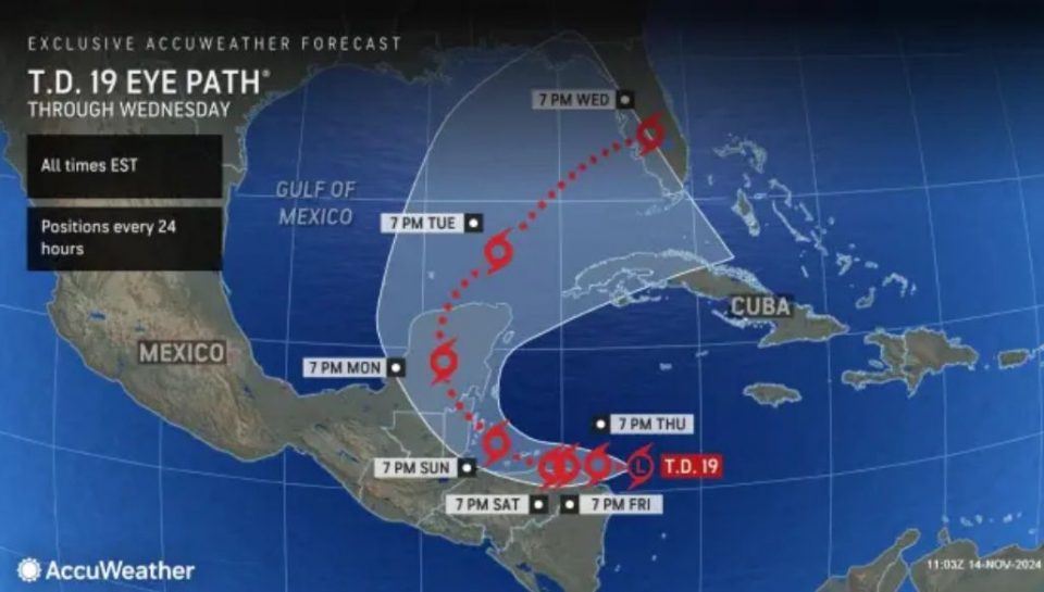 Meteorologistas acreditam que a tempestade tropical não chegará aos Estados Unidos, mas alertam que após atravessar a Península de Yucatán o sistema poderá retornar ao Golfo do México com mais força (Foto: AccuWeather)