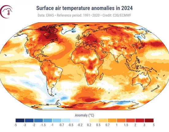 O mapa confirma o crescente e paulatino aquecimento do planeta Terra (Imagem: C3S/ECMWF)