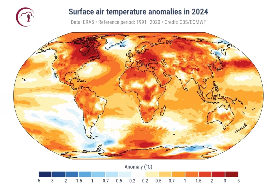 O mapa confirma o crescente e paulatino aquecimento do planeta Terra (Imagem: C3S/ECMWF)